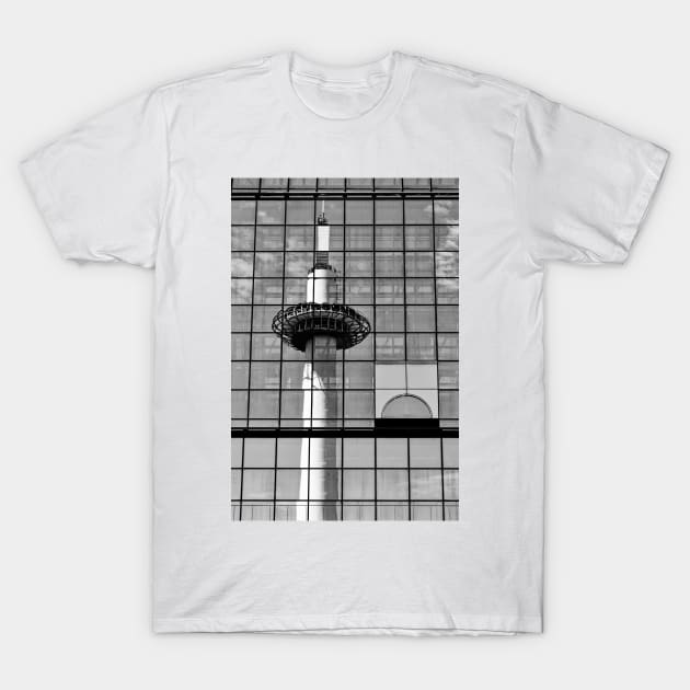 Reflection of the Kyoto Tower on the glass facade of the Kyoto station T-Shirt by Offiinhoki